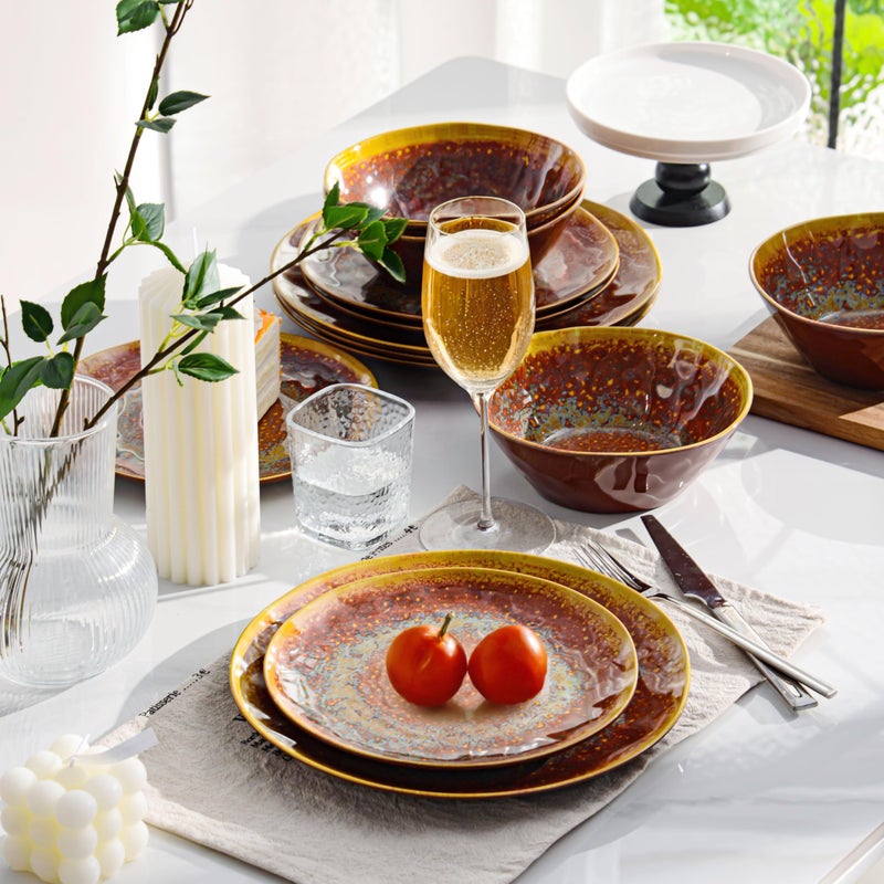 FINE&NICE Melamine Dinnerware Set of 12Pcs, Dish Set for 4, Lightweight Unbreakable Plate and Bowl Set for Patio, RV and Camping, Dishwasher Safe,Rusty Brown - Image 5