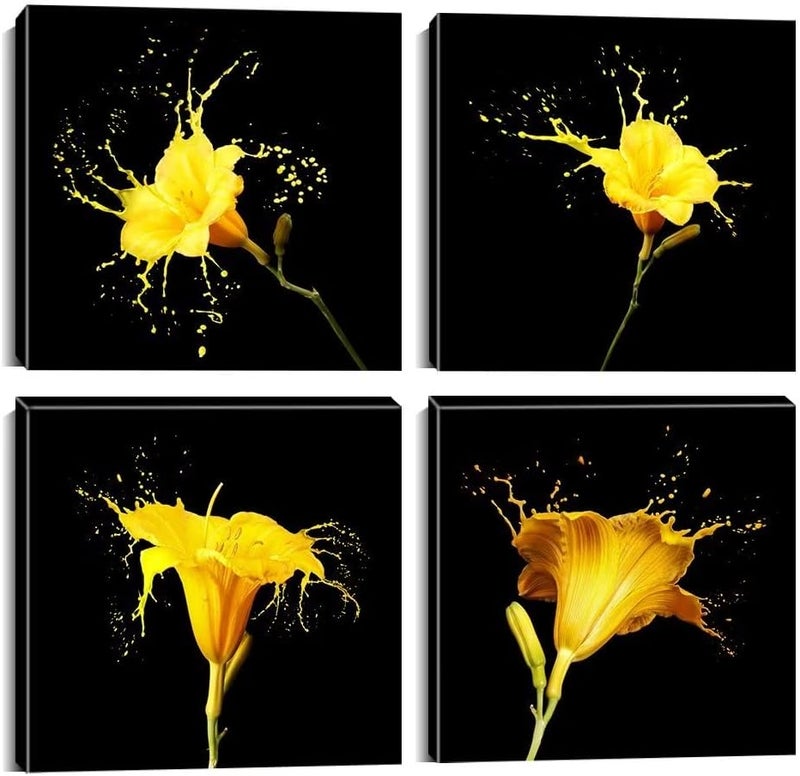 Wall HDQ Yellow Flower Wall Art Black Canvas Wall Decor Modern Giclee Prints Artwork for Living Room Bedroom Office Bathroom Home Wall Decor Framed Ready to Hang (12x12inchx4) - Image 1
