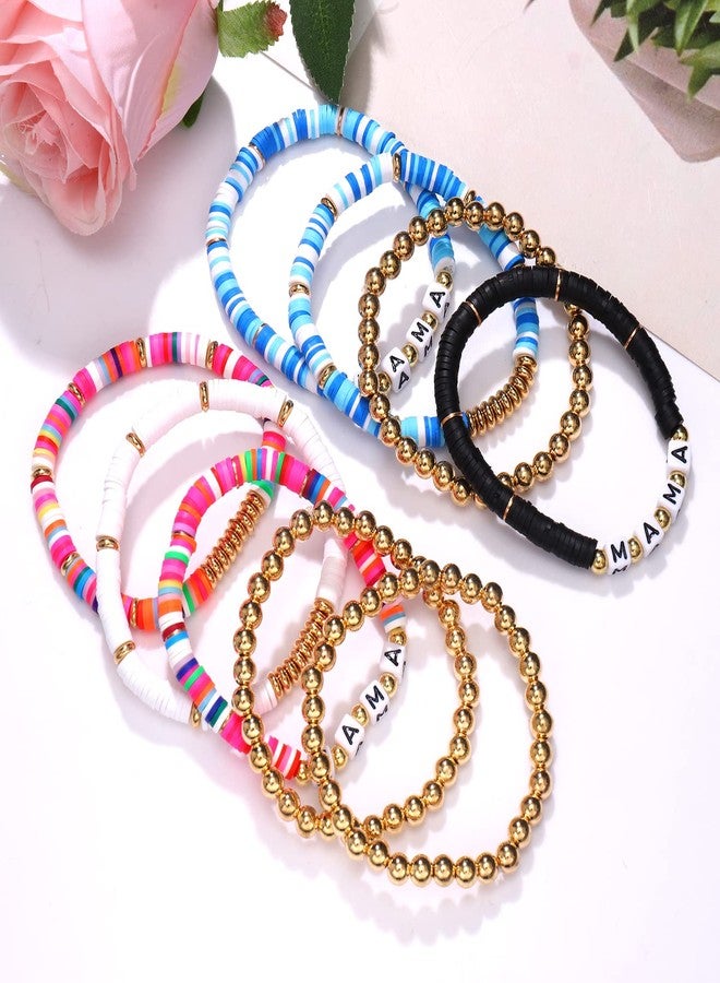 HZEYN MAMA Heishi Bracelet Set Stackable Heishi Clay Beaded Stretch Bracelet Preppy Jewelry Thanksgiving Gifts for Mother Colorful Blue - Image 3