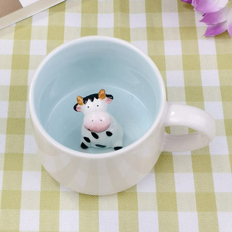 LOZACHE 3D Animal Coffee Mug Cute Cow Inside 12oz Funny Cartoon Handmade Figurine Milk Tea Cup Xmas Birthday Cow Print Gifts for Kids Girls Wife Grandma Auntie Cow