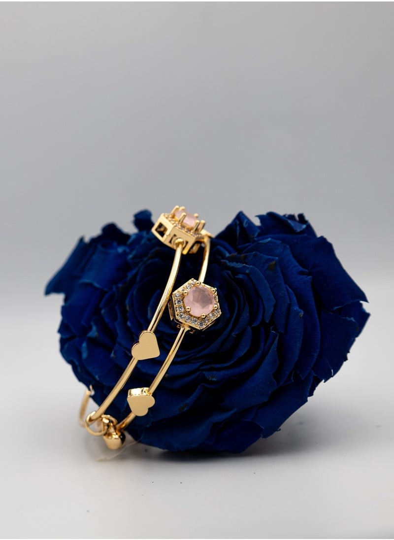 mjuhurat Elegant Dual-Band Gold Bracelet with Pink Stone and Heart Charms  - Image 3