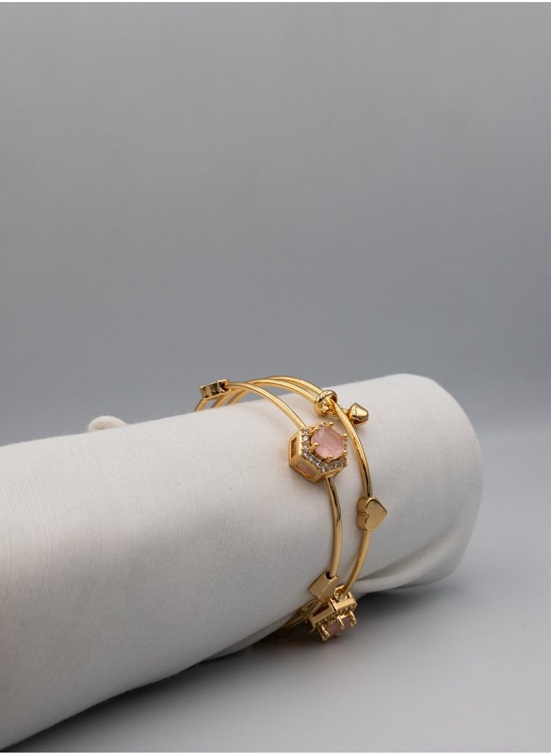 mjuhurat Elegant Dual-Band Gold Bracelet with Pink Stone and Heart Charms  - Image 5