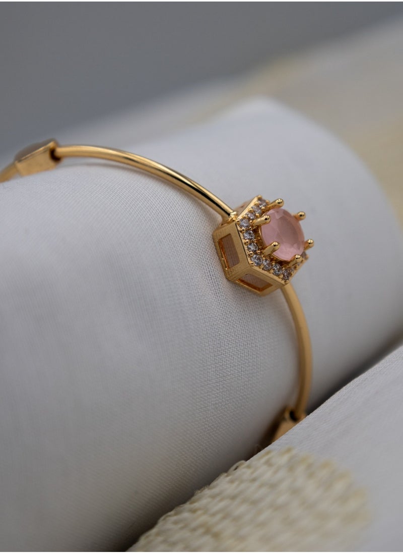mjuhurat Elegant Dual-Band Gold Bracelet with Pink Stone and Heart Charms  - Image 2