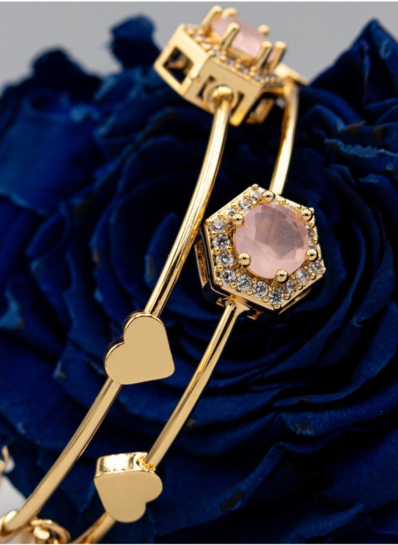 mjuhurat Elegant Dual-Band Gold Bracelet with Pink Stone and Heart Charms  - Image 1