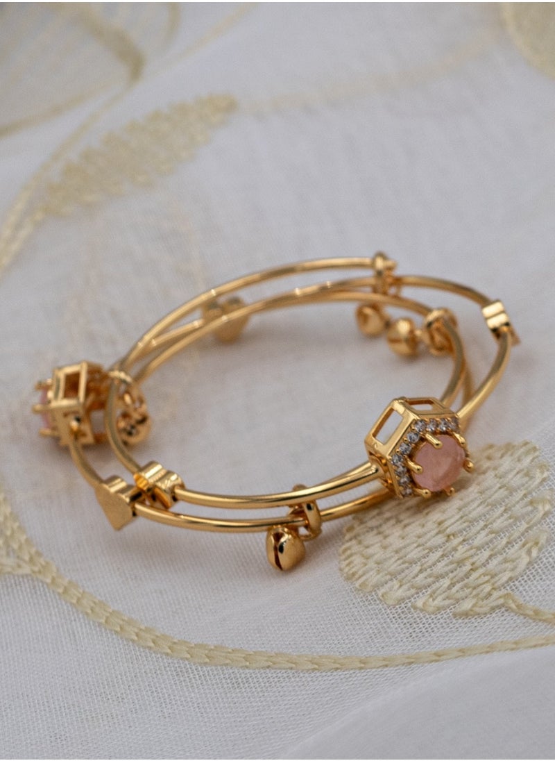 mjuhurat Elegant Dual-Band Gold Bracelet with Pink Stone and Heart Charms  - Image 4