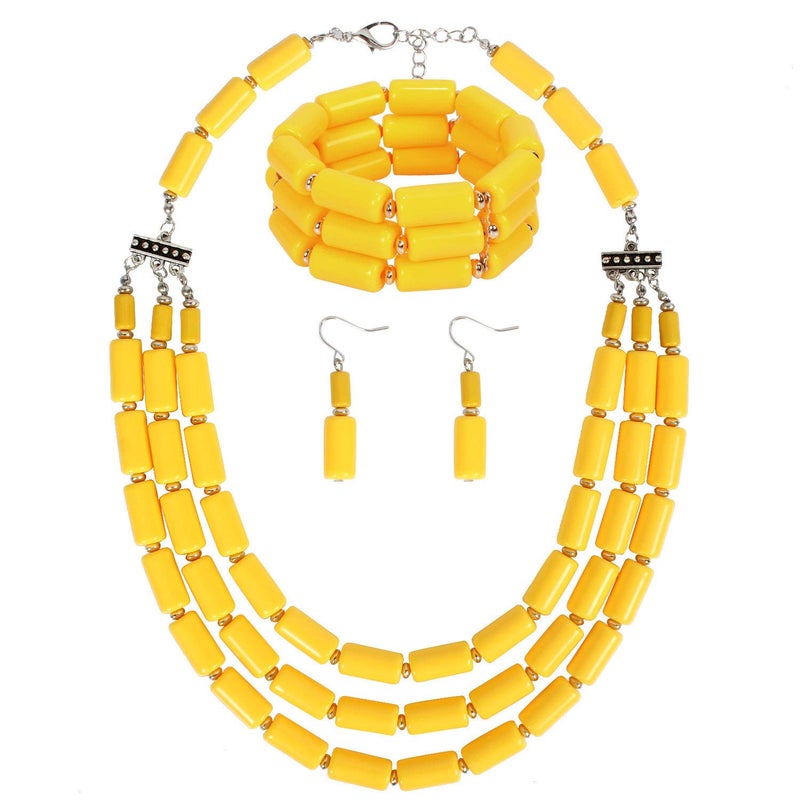 Fodattm Multi Layer Handmade Bead Strand Cluster with Necklace Bracelet and Earrings Set for Women Lady Acrylic Beads Statement Strand Necklaces (Yellow) - Image 1
