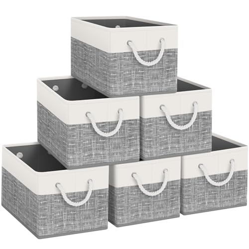 Fab Totes Foldable Storage Baskets - 6-Pack, Organize Toys, Books, Shelves, Closet - Large Storage Box with Rope Handles, Sturdy White & Grey Bins - Image 1