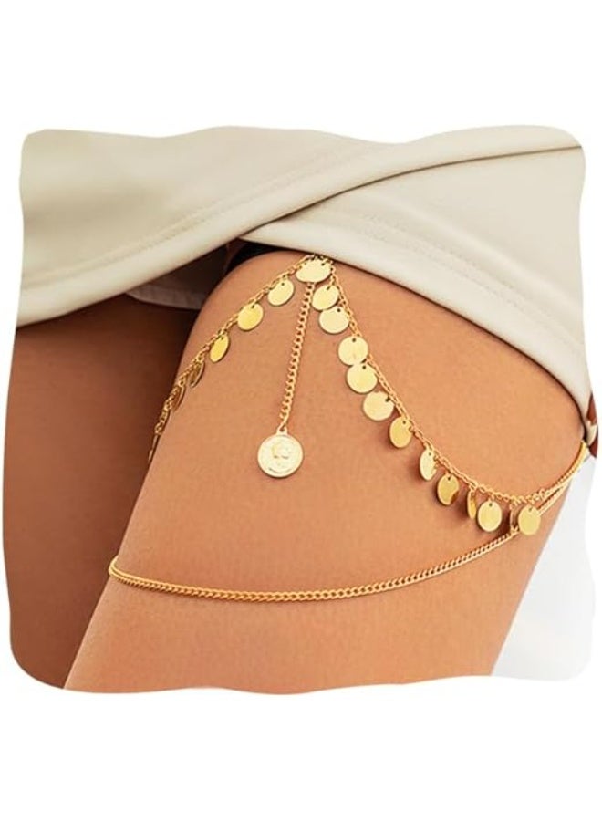 Layered Garters Boho Party Leg Garter Layered Thigh Chains Elasticity Gold Summer Thigh Chain for Women - Image 1
