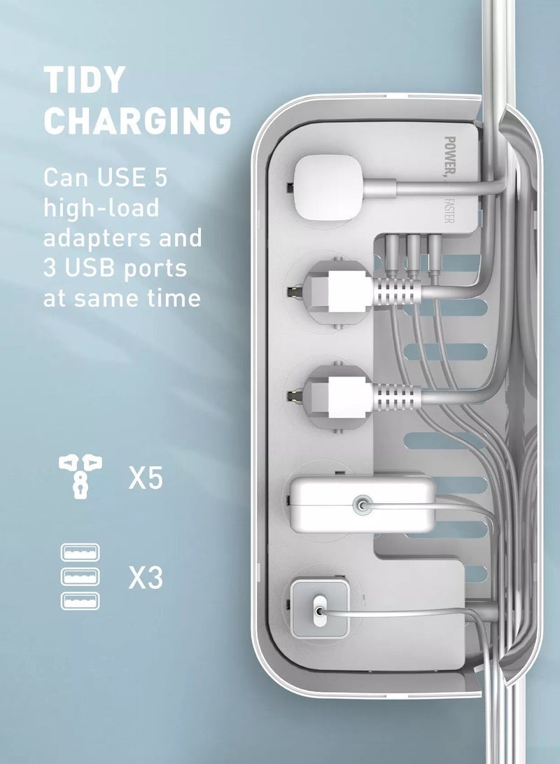 LDNIO 3-in-1 Power Extension 2 meter Cord , Cable Management Box, 5 Universal Outlets 3 USB with Tablet Stand 2M Cables Power Strips, Elegant Organizer Box for Child and pet Protection, European  Safety Certified and Stylish Desktop - Image 2