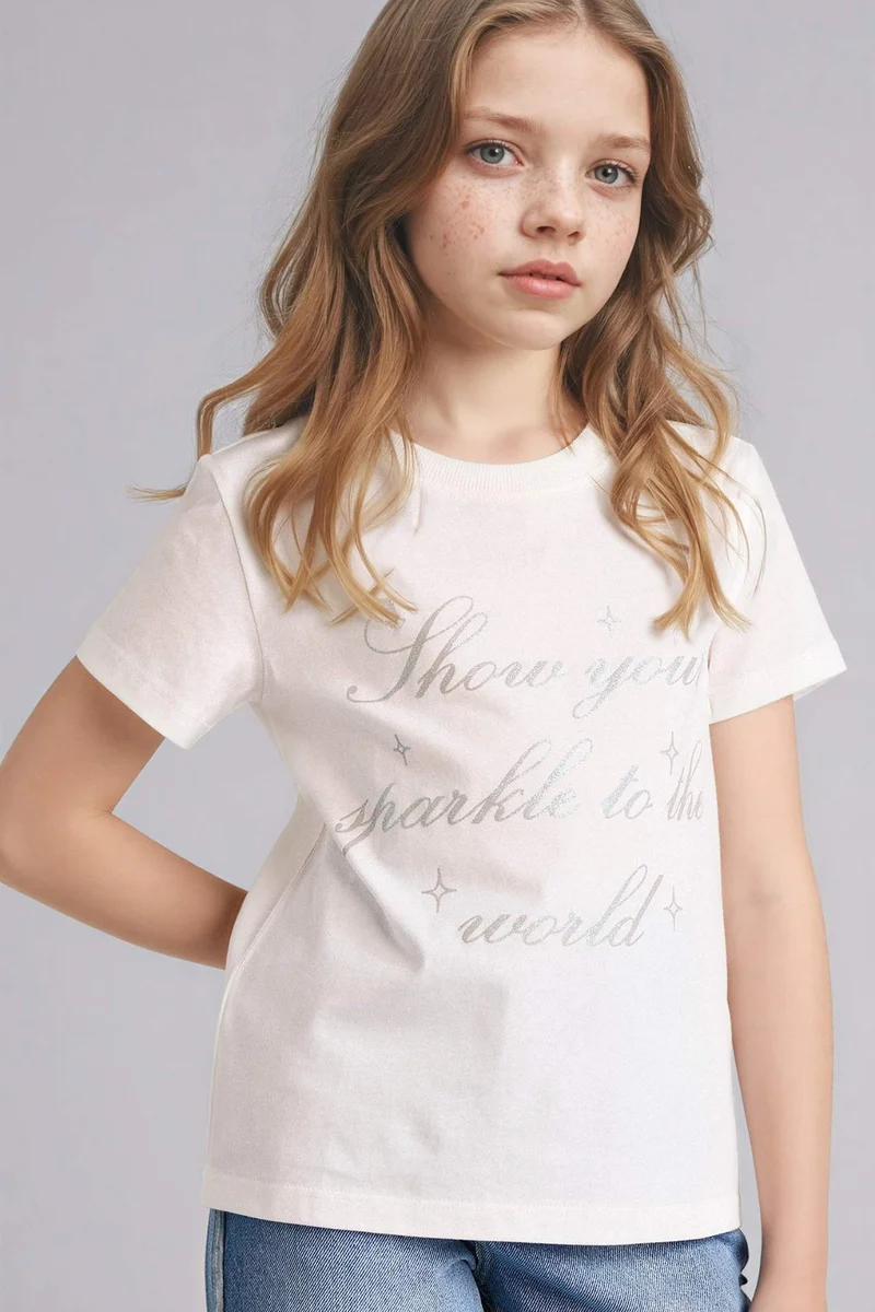 ديفاكتو Girl Regular Fit Crew Neck Slogan Print Short Sleeve T-Shirt