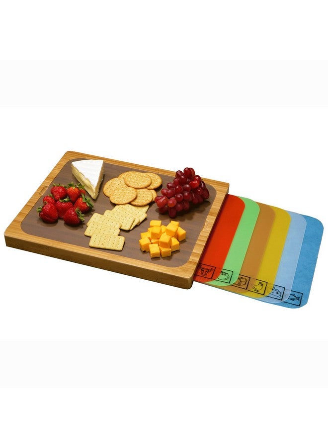 Seville Classics Bamboo Premium Wood Cutting Board Serving Tray w/ 7 Color-Coded BPA-Free Mats, for Chopping Bread, Cheese, Fruits, Vegetables, Meats, Charcuterie (PATENTED), Bamboo (NEW MODEL) - Image 1