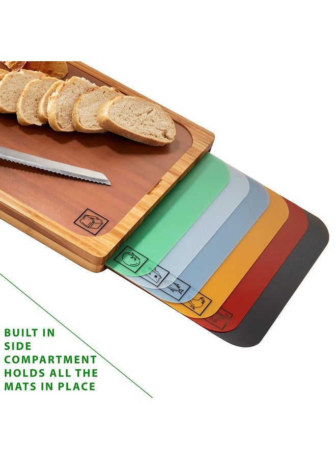 Seville Classics Bamboo Premium Wood Cutting Board Serving Tray w/ 7 Color-Coded BPA-Free Mats, for Chopping Bread, Cheese, Fruits, Vegetables, Meats, Charcuterie (PATENTED), Bamboo (NEW MODEL) - Image 4