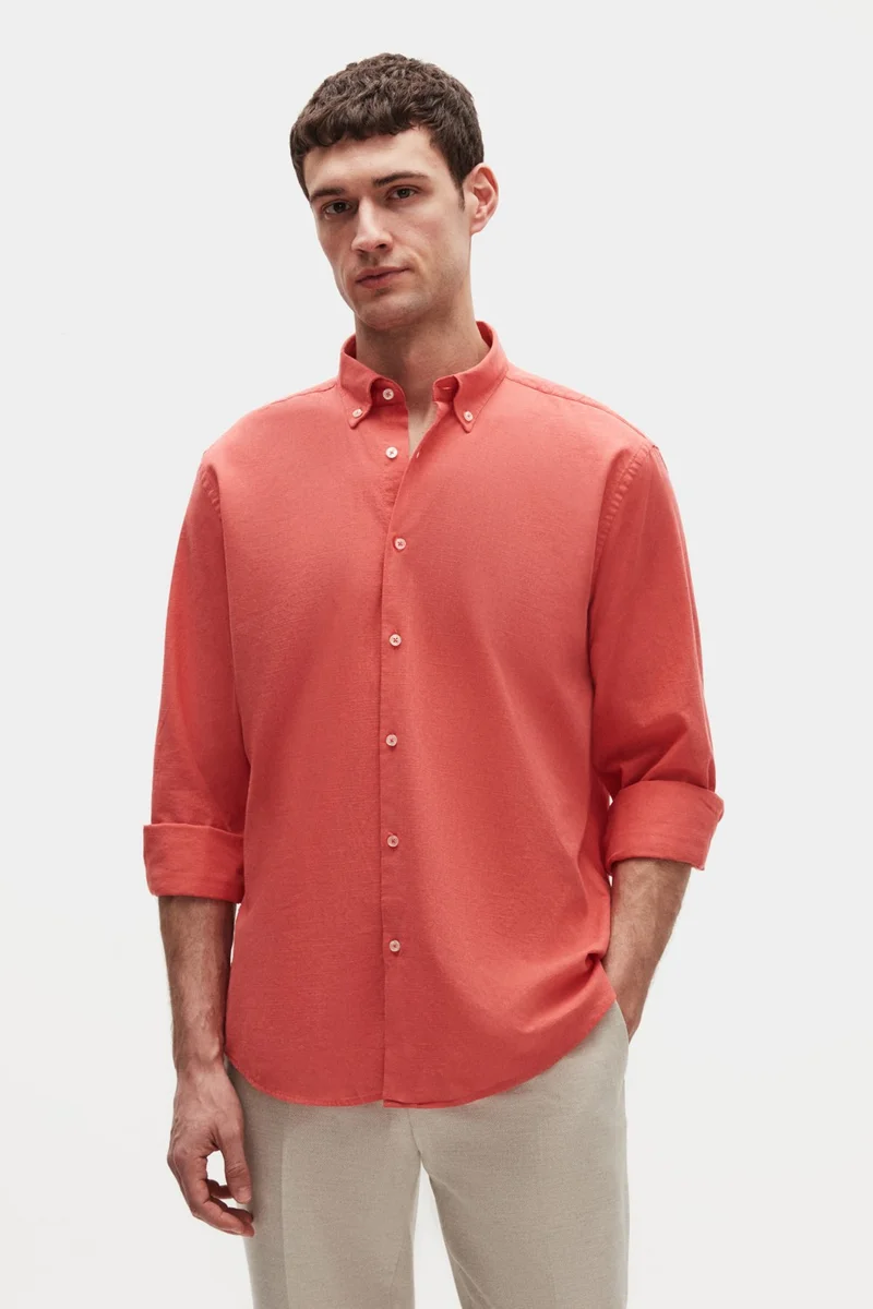 D'S DAMAT Ds Damat Comfort Pomegranate Flower Button-down Collar Relaxed Cut Linen Look 100% Cotton Shirt 2HC02ORT64265