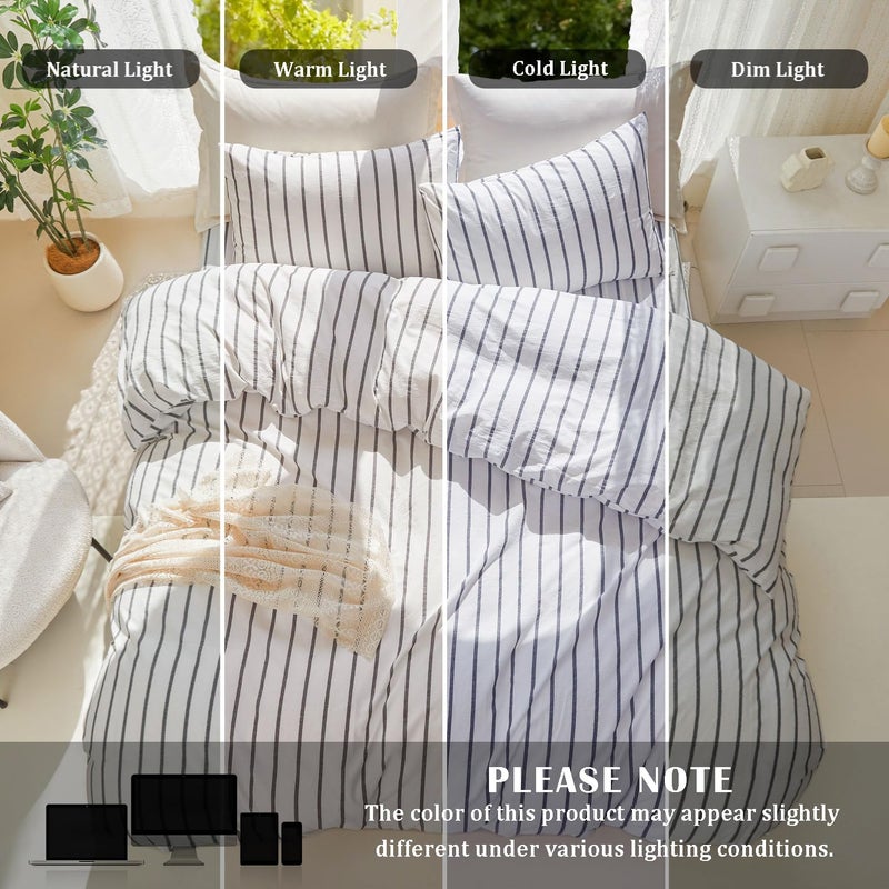 DONEUS White Striped Duvet Cover Set 100% Washed Cotton Linen Like Super Soft Breathable Comfy 3 Pieces Bedding Set with Zipper Closure (White Dark Grey Wide Stripes, Queen 90"x90") - Image 4