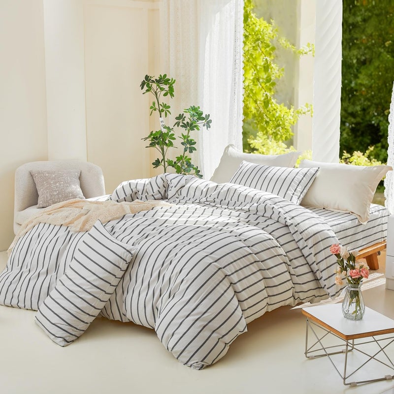 DONEUS White Striped Duvet Cover Set 100% Washed Cotton Linen Like Super Soft Breathable Comfy 3 Pieces Bedding Set with Zipper Closure (White Dark Grey Wide Stripes, Queen 90"x90") - Image 2
