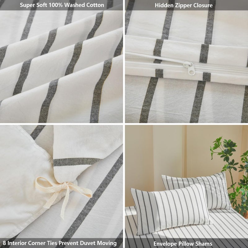 DONEUS White Striped Duvet Cover Set 100% Washed Cotton Linen Like Super Soft Breathable Comfy 3 Pieces Bedding Set with Zipper Closure (White Dark Grey Wide Stripes, Queen 90"x90") - Image 5