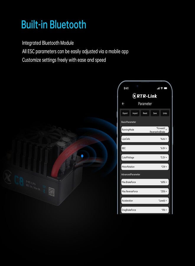 أكس سي وحدة تحكم إلكترونية بدون حساسات وبدون فرش XC C8XT60 لسيارات التحكم عن بعد، بطارية ليثيوم بوليمر 3-6 خلايا، تيار مستمر 160 أمبير، منظم جهد 6-9 أمبير، 6.0/7.4/8.4 فولت، مناسبة لشاحنات الطرق الوعرة من فئة 1/8 و1/10 - Image 4