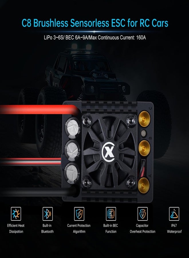 أكس سي وحدة تحكم إلكترونية بدون حساسات وبدون فرش XC C8XT60 لسيارات التحكم عن بعد، بطارية ليثيوم بوليمر 3-6 خلايا، تيار مستمر 160 أمبير، منظم جهد 6-9 أمبير، 6.0/7.4/8.4 فولت، مناسبة لشاحنات الطرق الوعرة من فئة 1/8 و1/10 - Image 3
