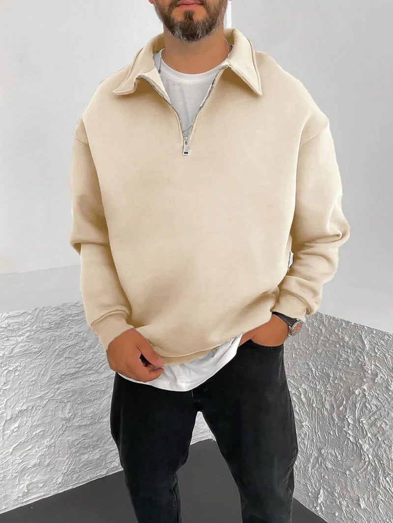 SXV STYLE Men's Half Zipper Collared Sweatshirt (in, Alpha, XL, Beige) - Image 2