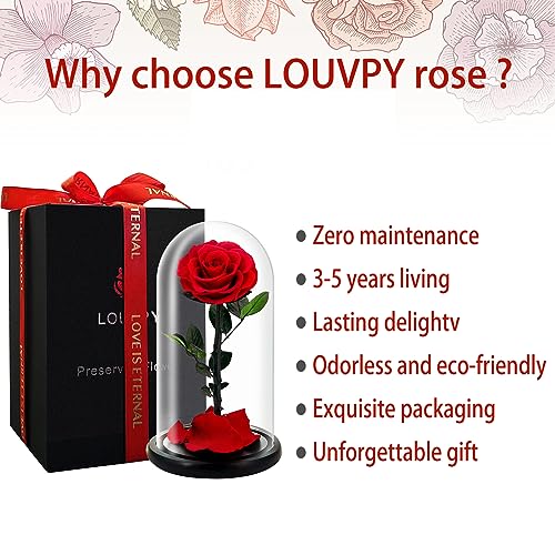 LOUVPY Forever Roses - Gifts Idea for Mom - Beauty and The Beast Rose in Glass Dome - Eternal Preserved Rose Flower - Gift for Her,Wife,Girlfriend(Red, 9inch) - Image 5
