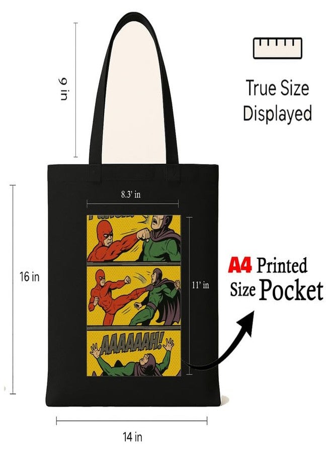 Megrok Epic Comic Tote Bag for Women | Front A4 Size Printed Pocket | 16x14 Inch Superhero Cotton Bag | Graphic Novel Convention Companion - Image 3