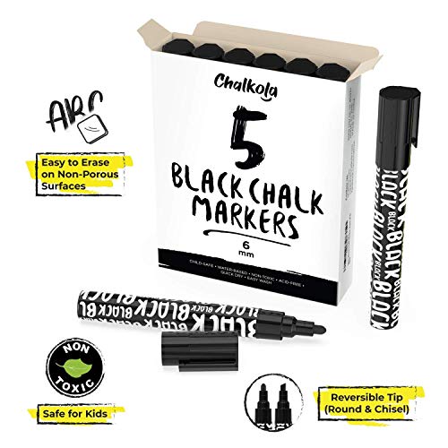Chalkola Black Chalk Markers - Liquid Dry Erase Marker Pens for Bistro, Chalkboards Signs, Windows, Blackboard, Glass - 6mm Reversible Tip (Pack of 5) - Image 2