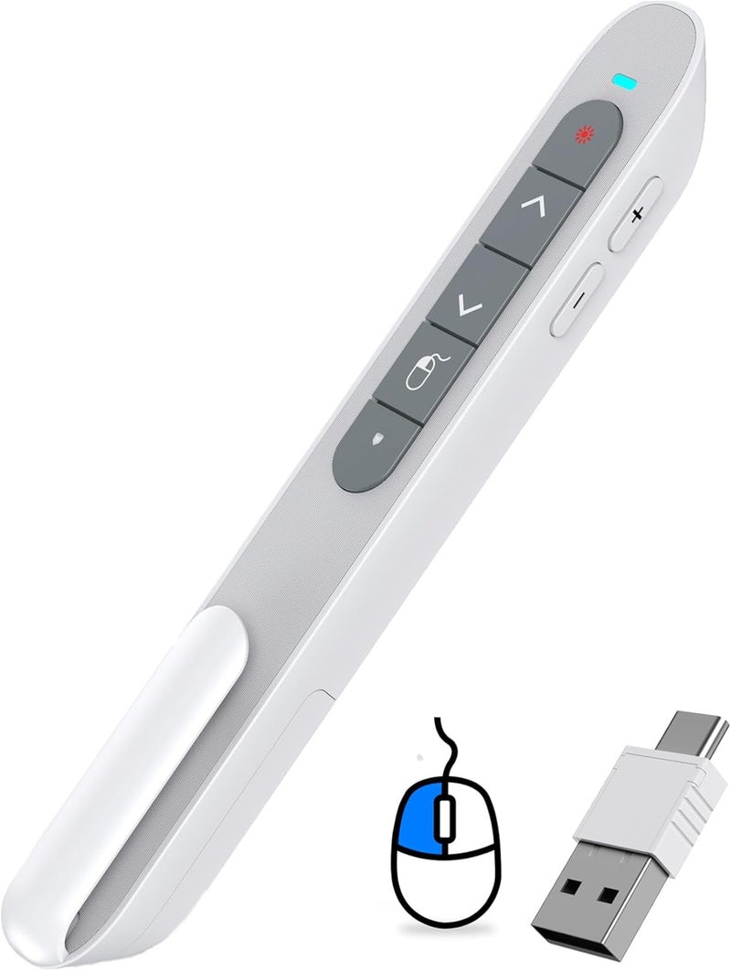 DinoFire Wireless Presentation Remote with Air Mouse White, RF 2.4GZ Rechargeable USB C Slide Clicker for Powerpoint Presentations for Laptop/Computer/MAC - Image 1