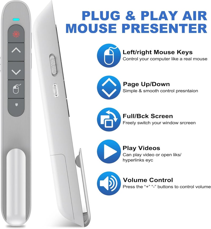 DinoFire Wireless Presentation Remote with Air Mouse White, RF 2.4GZ Rechargeable USB C Slide Clicker for Powerpoint Presentations for Laptop/Computer/MAC - Image 3