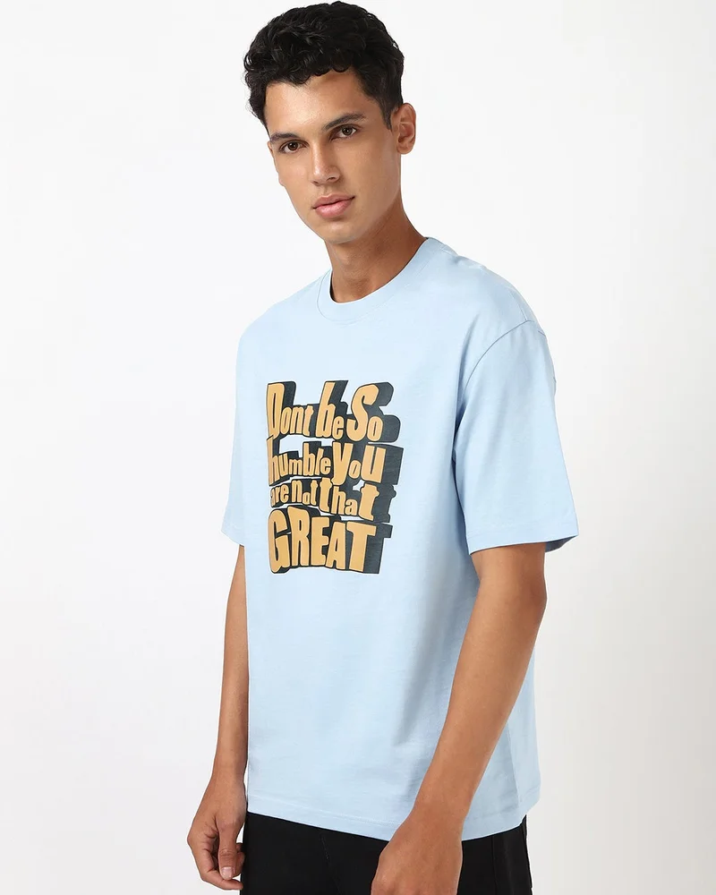bewakoof Men's Sky Blue Don't Be So Humble Typography Oversized T-shirt