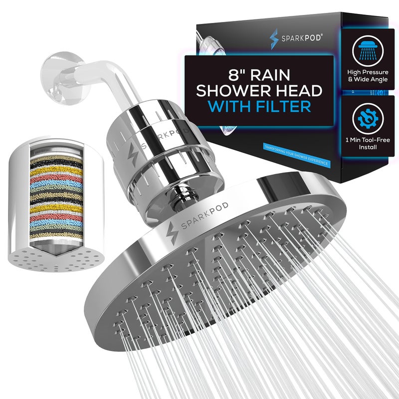 SparkPod Luxury Filtered Shower Head Set 23 Stage Shower Filter - Reduces Chlorine and Heavy Metals - High Pressure Showerhead Filter (8" Round, Luxury Polished Chrome) - Image 1