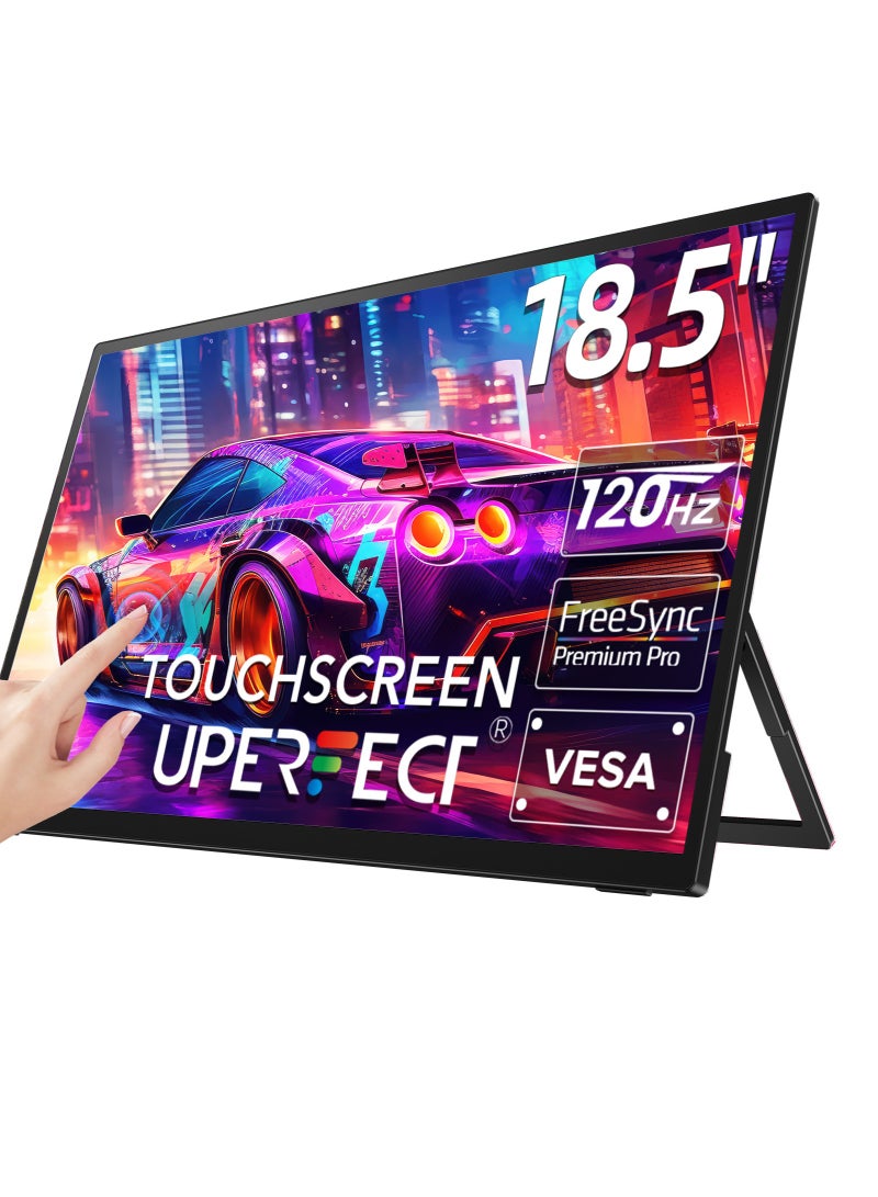 أوبيرفكت شاشة لمس محمولة UPERFECT مقاس 18.5 بوصة بتردد 120 هرتز ودقة 1920 × 1080 FHD IPS ومنافذ USB C و Mini HDMI مع حامل مدمج وشاشة ثانية لأجهزة الكمبيوتر المحمول/الهاتف/أجهزة الألعاب، قابلة للتثبيت على حامل VESA - Image 1