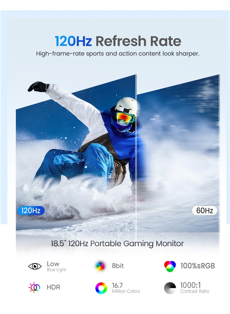 أوبيرفكت شاشة لمس محمولة UPERFECT مقاس 18.5 بوصة بتردد 120 هرتز ودقة 1920 × 1080 FHD IPS ومنافذ USB C و Mini HDMI مع حامل مدمج وشاشة ثانية لأجهزة الكمبيوتر المحمول/الهاتف/أجهزة الألعاب، قابلة للتثبيت على حامل VESA - Image 3