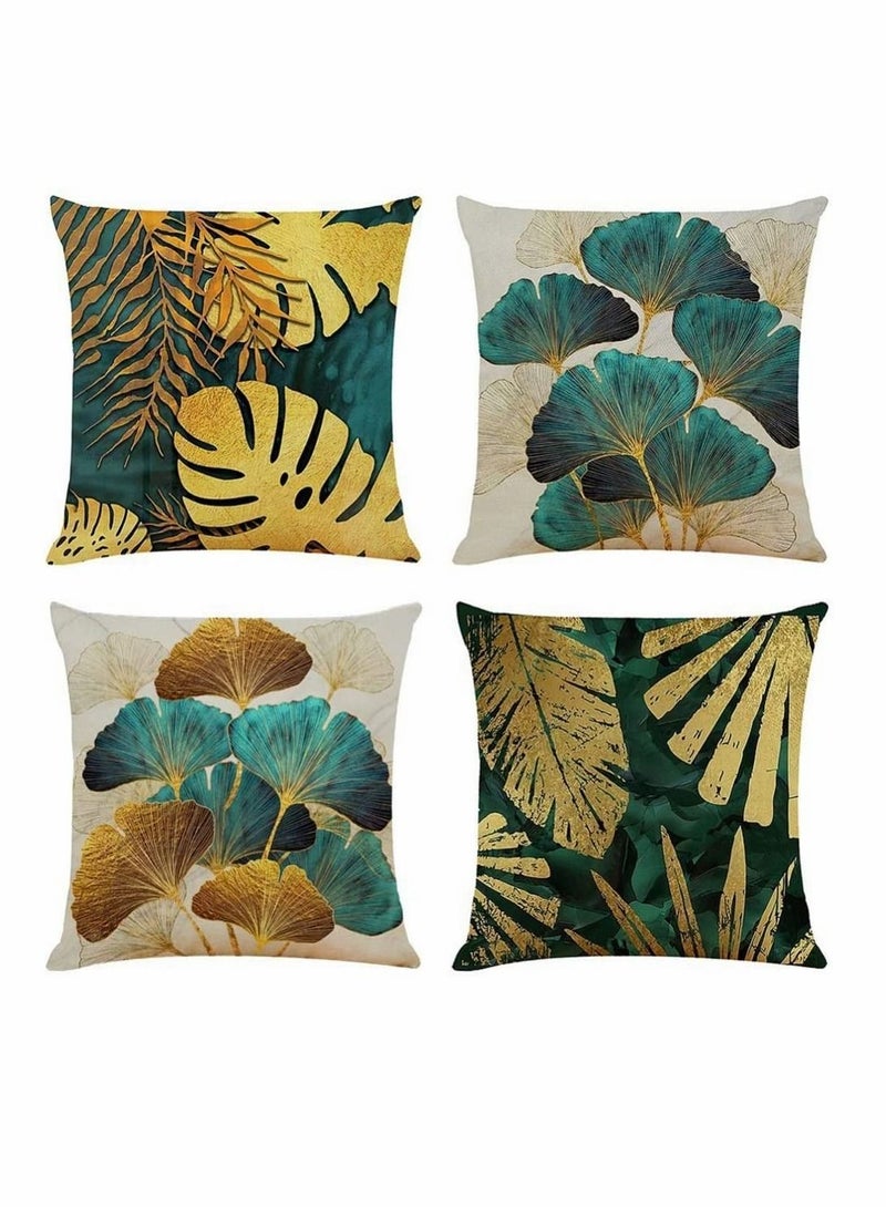 Cushion Covers, Throw Pillow Linen Square Couch Bed Pillowcases, Green, Gold Leaves, for Living Room Sofa, 45cm x (18x18 inch) 4 PCS - Image 1