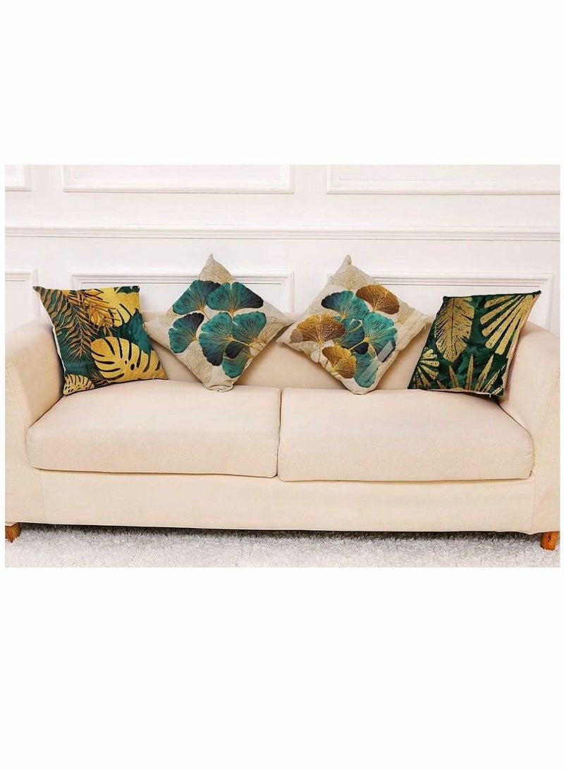 Cushion Covers, Throw Pillow Linen Square Couch Bed Pillowcases, Green, Gold Leaves, for Living Room Sofa, 45cm x (18x18 inch) 4 PCS - Image 2