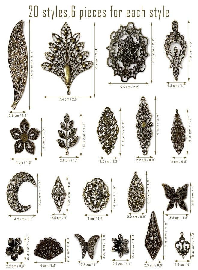 metulip 120Pcs Filigree Connectors Antique Bronze Tibetan Metal Filigree Charms Pendants Links Vintage Filigree Embellishments for Jewelry Making Earrings Hairpin Necklace DIY Craft - Image 2