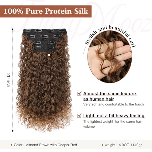 Flufymooz Clip in Hair Extensions FLUFYMOOZ 4PC 100 Pure Protein Silk Hair Extensions Long Soft Natural Hairpiece 20 Inch Curly Hair Extension for Women Almond Brown with Cooper Red - Image 3