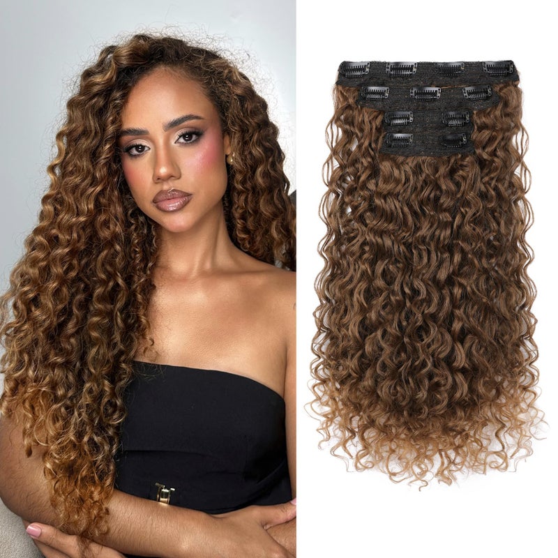 Flufymooz Clip in Hair Extensions FLUFYMOOZ 4PC 100 Pure Protein Silk Hair Extensions Long Soft Natural Hairpiece 20 Inch Curly Hair Extension for Women Almond Brown with Cooper Red - Image 2