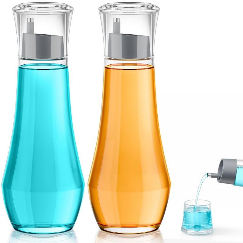 VITVITI Glass Mouthwash Dispenser for Bathroom, 8.8OZ Mouth Wash Container Bottle with Lid Cup, Small Clear Refillable Mouthwash Dispenser Decanter for Countertop, Set of 2, Gray - Image 1