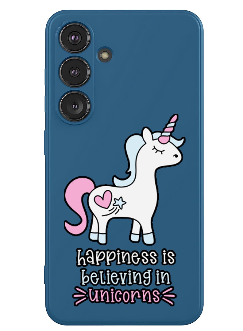 Theodor Protective Slim Fit Case Liquid Silicone Cover with Full Body Protection Anti-Scratch Shockproof Case For Samsung Galaxy S25 Plus (Blue) - Happiness is believing in Unicorns - Image 1