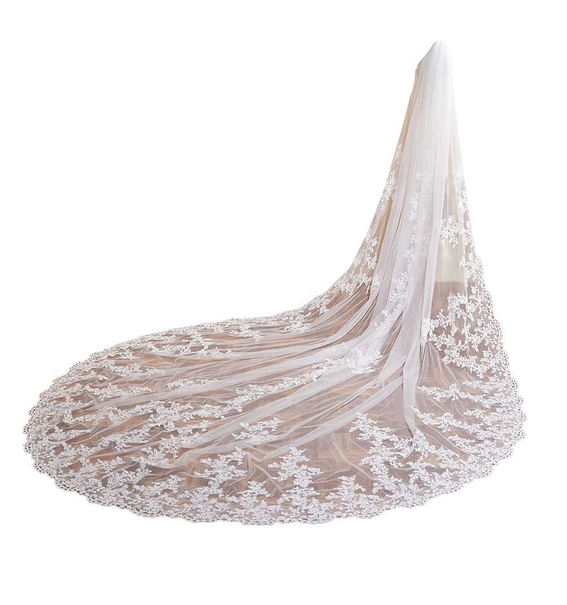 AiberLisha Royal Length 3.5M Lace Wedding Bridal Veil with Metal Comb Ivory - Image 1