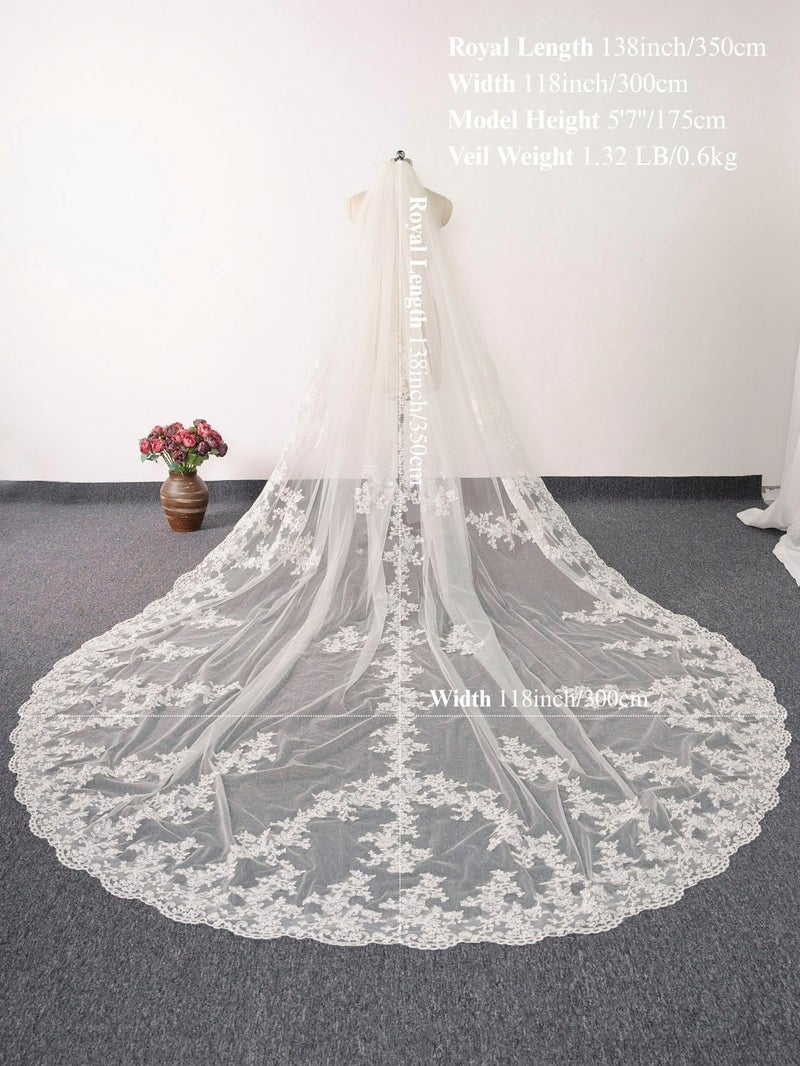 AiberLisha Royal Length 3.5M Lace Wedding Bridal Veil with Metal Comb Ivory - Image 2