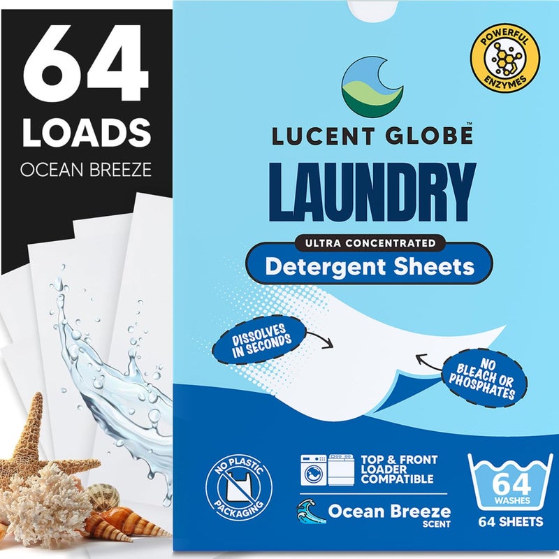 Lucent Globe Laundry Detergent Sheets PreMeasured Laundry Sheets Powerful Stain Removal Works in All Clothes Washers 1 Pack 64 Washes Ocean Breeze