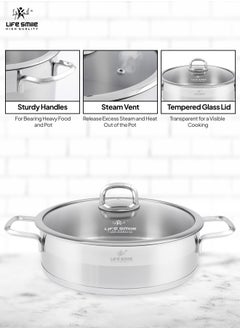 Premium 18/10 Stainless Steel Shallow Cooking Pot - Induction 3-Ply Thick Base Casserrole with Glass Lid for Even Heating Oven Safe Silver - pzsku/Z351BE9321178AF360930Z/45/_/1723617772/267d8b74-f6ab-4d3d-ab98-1fe9ed0f2789