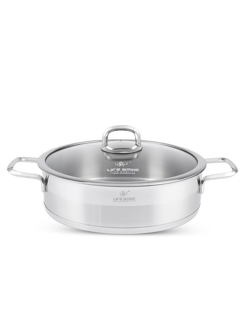 Life Smile Premium 18/10 Stainless Steel Shallow Cooking Pot - Induction 3-Ply Thick Base Casserrole with Glass Lid for Even Heating Oven Safe Silver  - Image 1