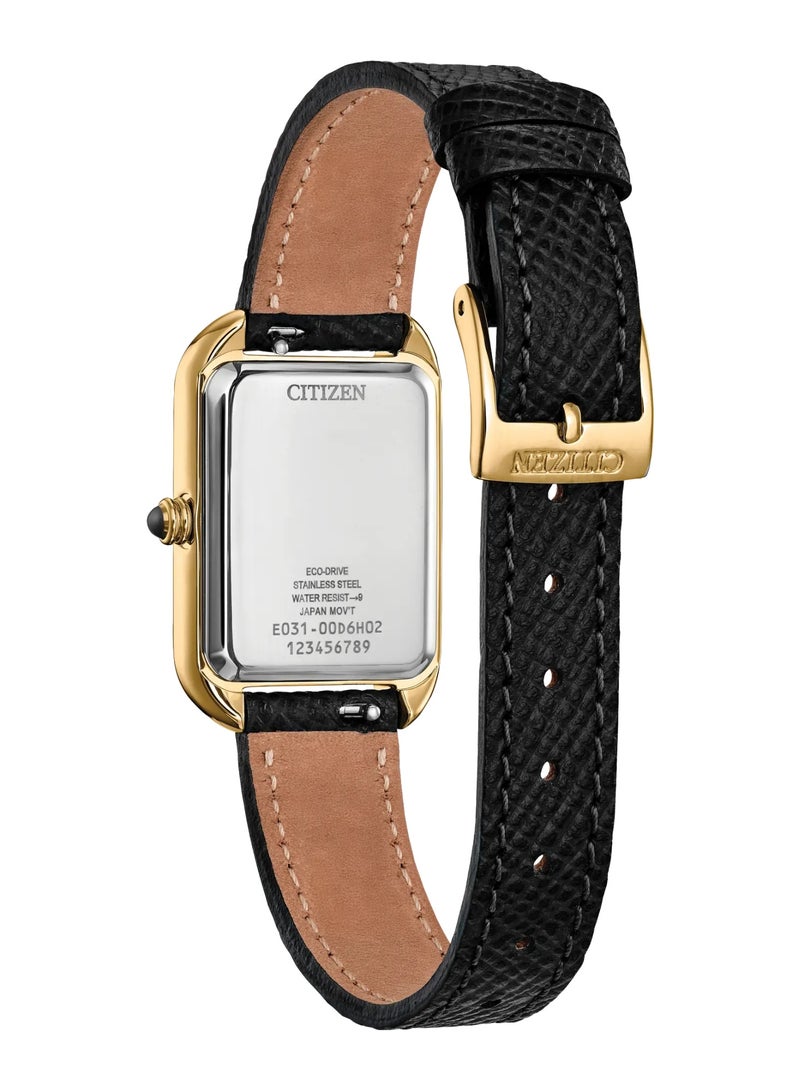 سيتيزن Eco-Drive Women’s Watch EM1192-01E, 35 mm Black Dial, Gold-Tone Stainless Steel Case, Black Leather Strap, Diamond Hour Markers, 50 m WR - Image 3