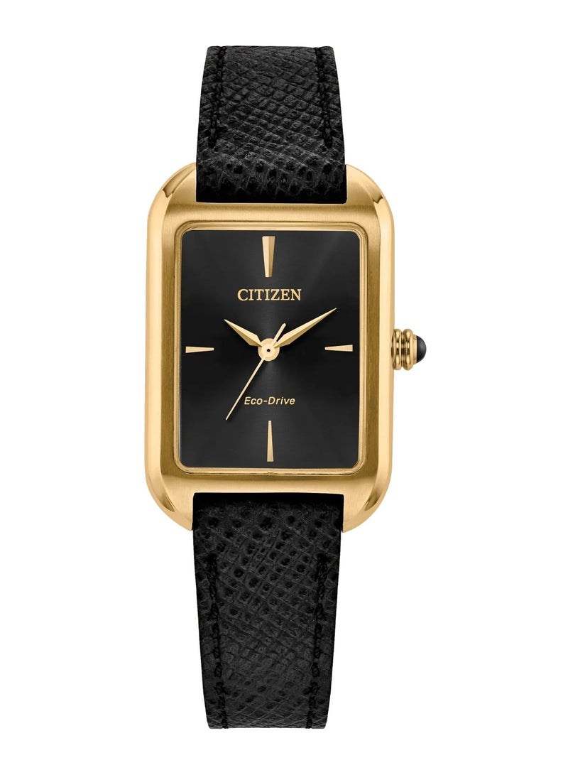 سيتيزن Eco-Drive Women’s Watch EM1192-01E, 35 mm Black Dial, Gold-Tone Stainless Steel Case, Black Leather Strap, Diamond Hour Markers, 50 m WR - Image 1