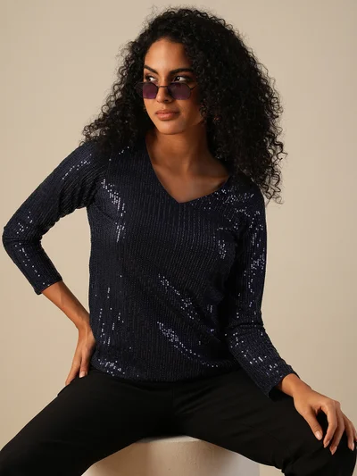 globus Women V-Neck Sequinned Party Top