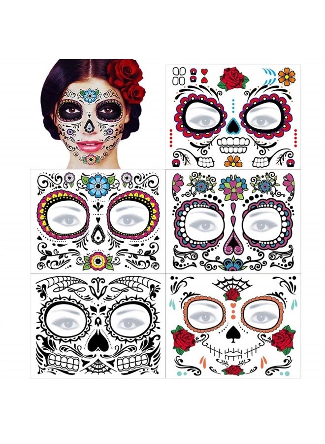 Halloween Day of the Dead Face Tattoo Halloween Face Temporary Tattoo Sugar Skull Water Transfer Stickers Face Makeup Props for Women Men Adult Kids Boys Halloween Party Favor Supplies(9 Sheet)