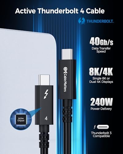 Cable Matters Intel Certified 40Gbps Active Thunderbolt 4 Cable 66 ft with 240W Charging and 8K Video Black Fully Compatible with USB CUSBC USB4 and Thunderbolt 3 - Image 3