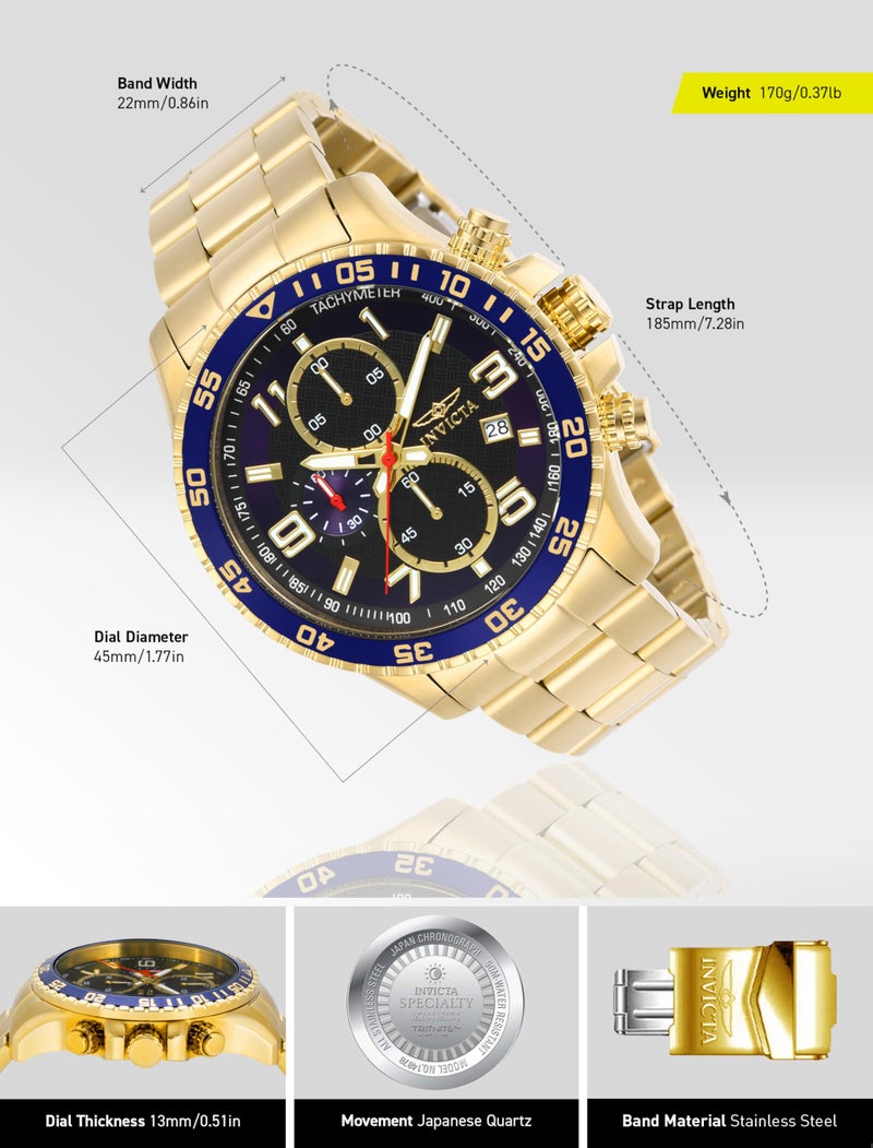 Invicta ساعة إنفيكتا للرجال 14878 كرونوغراف خاص بقرص مزخرف أزرق داكن مع طلاء أيون ذهبي من الفولاذ المقاوم للصدأ - Image 3